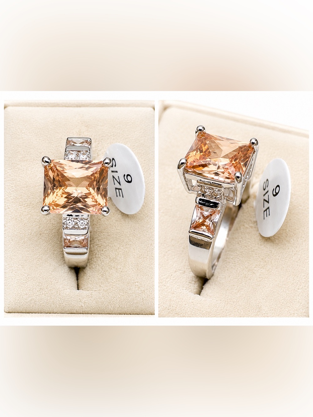 925 Sterling Silver Peach champagne Cubic Zirconia Princess Cut Ring Size 9